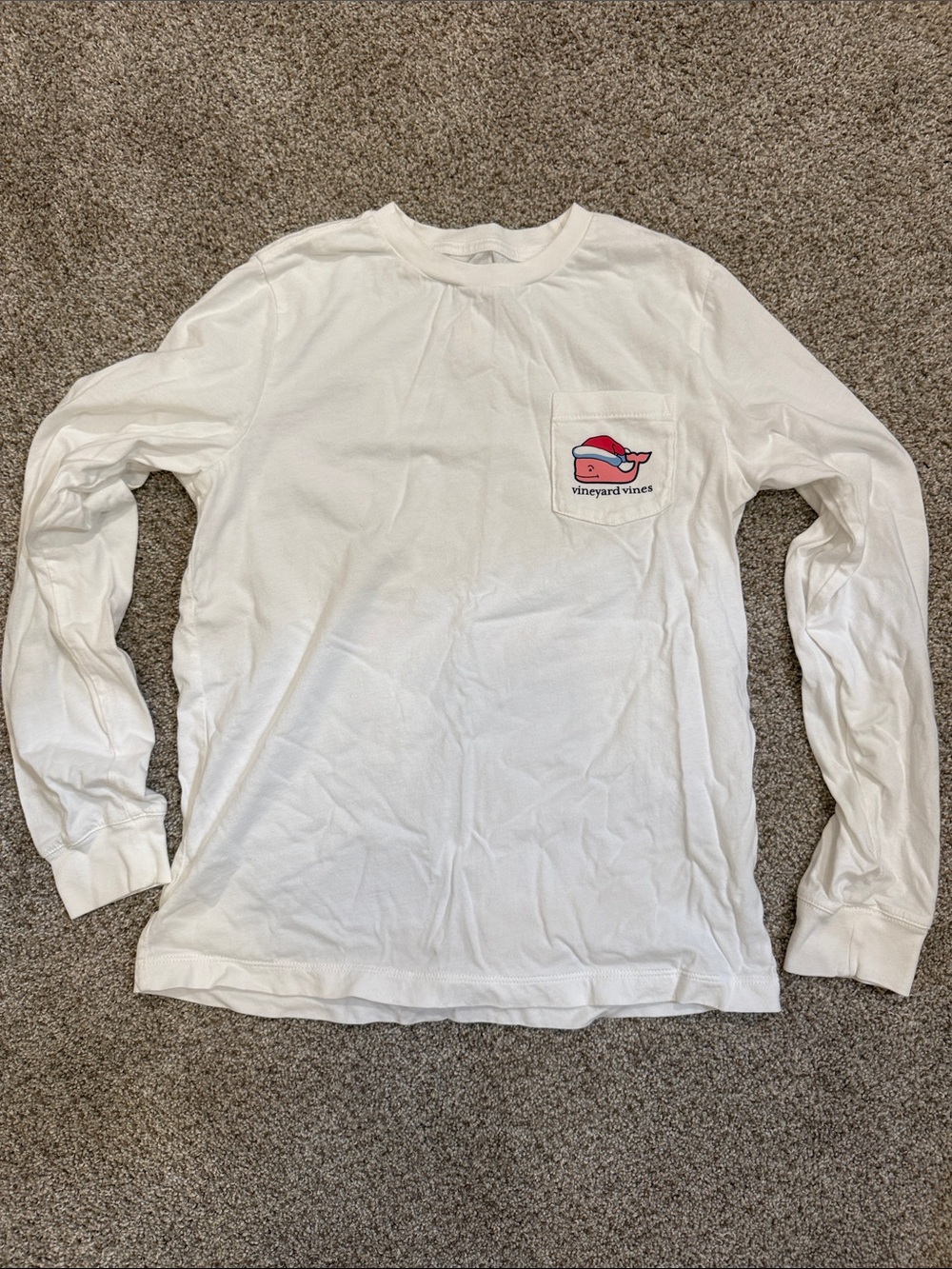 Vineyard Vines White Holidays Long Sleeve Tee with Pink Whale Pocket Kids Size S